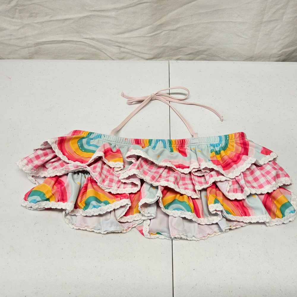 SweetHoney Bikini Swim Top Kids 8Y Multicolor Rainbow Gingham Ruffle Halter